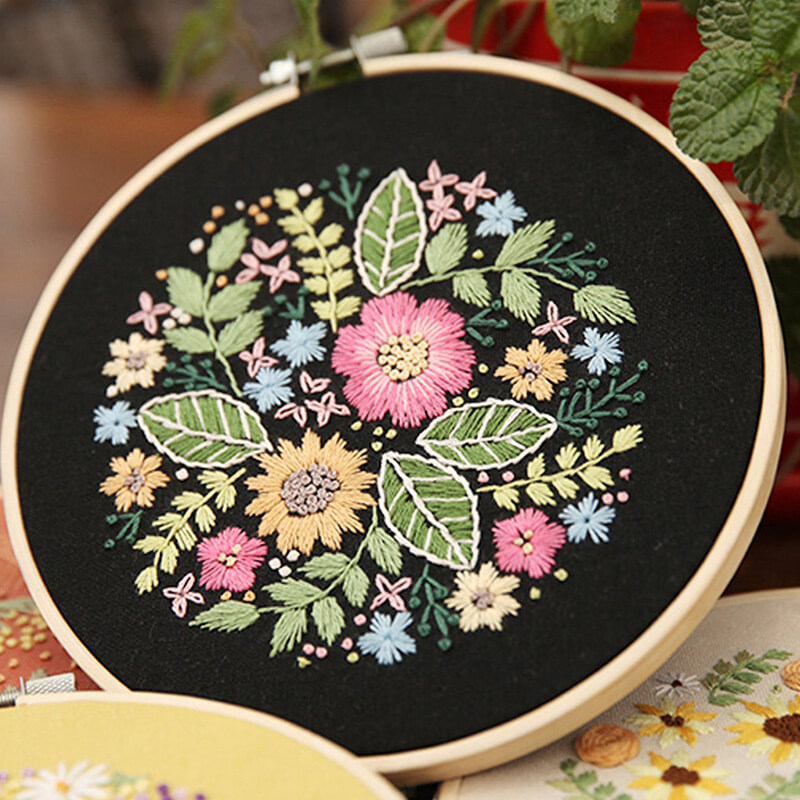 Black Wildwood Floral Embroidery Kit