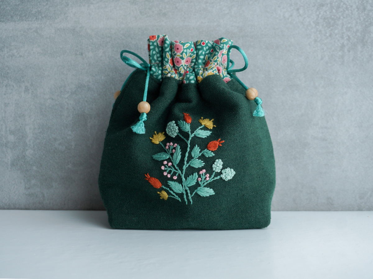 Embroidered Drawstring Bag, Linen Drawstring Bag, Hand Small Pouch